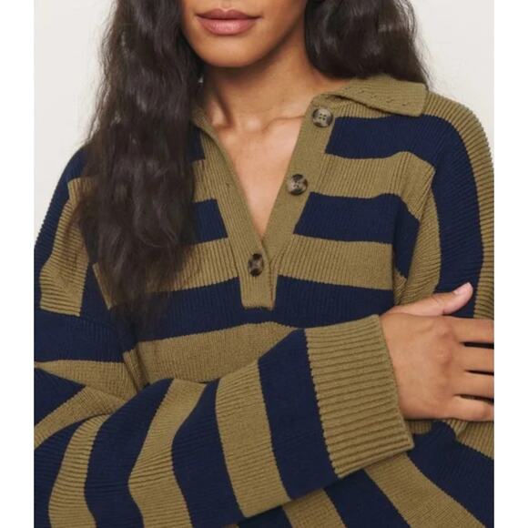 Reformation Brooklyn Cotton Polo Sweater Size Small Collared Navy Gold Stripe - Picture 3 of 8